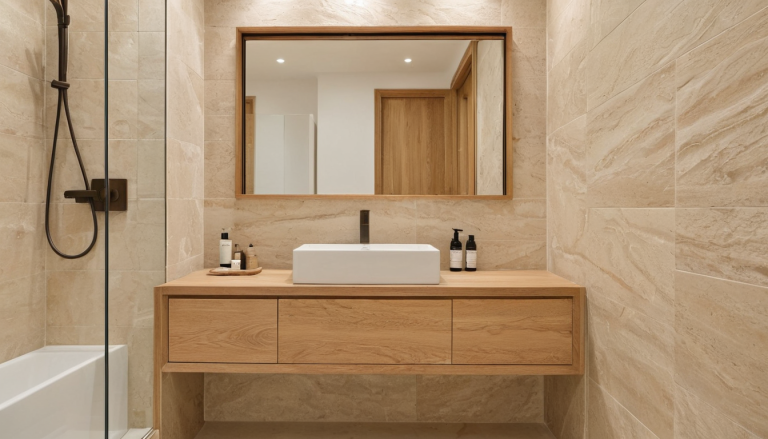Warm Organic Wood Bathroom: Cozy Retreat in Grey