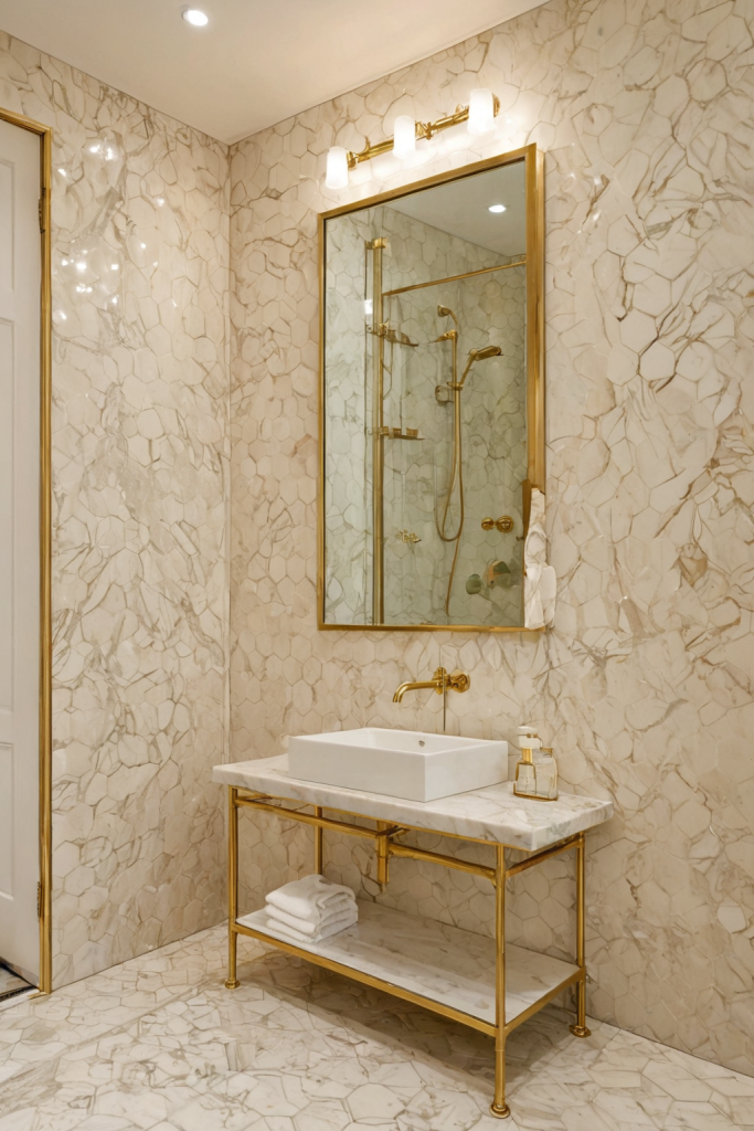 Neo Deco Bathroom Ideas — Soft Peach Fixtures and Glass Tile — interior inspiration