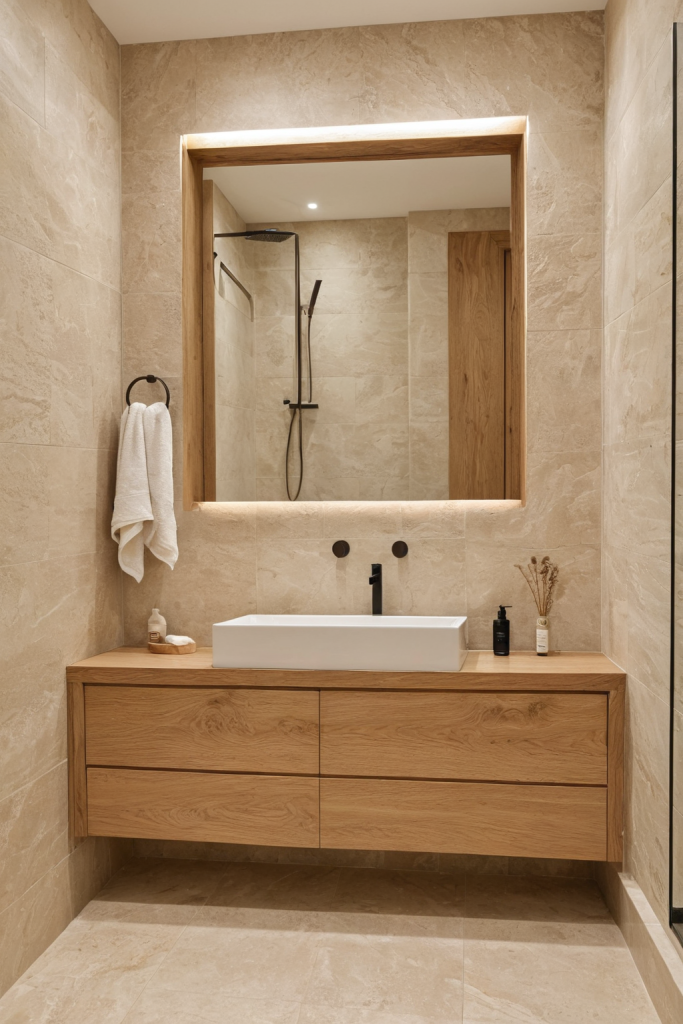 Bathroom Ideas — Warm Organic Wood, Grey Accents & Soft Lighting — interior inspiration