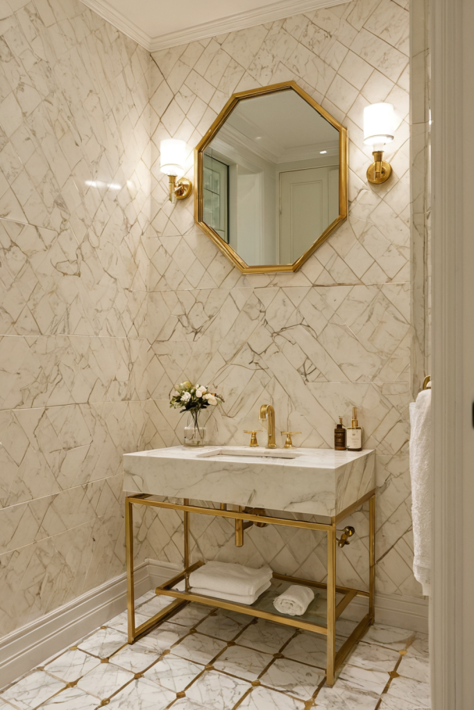 Neo Deco Bathroom Ideas — Soft Peach Fixtures and Glass Tile