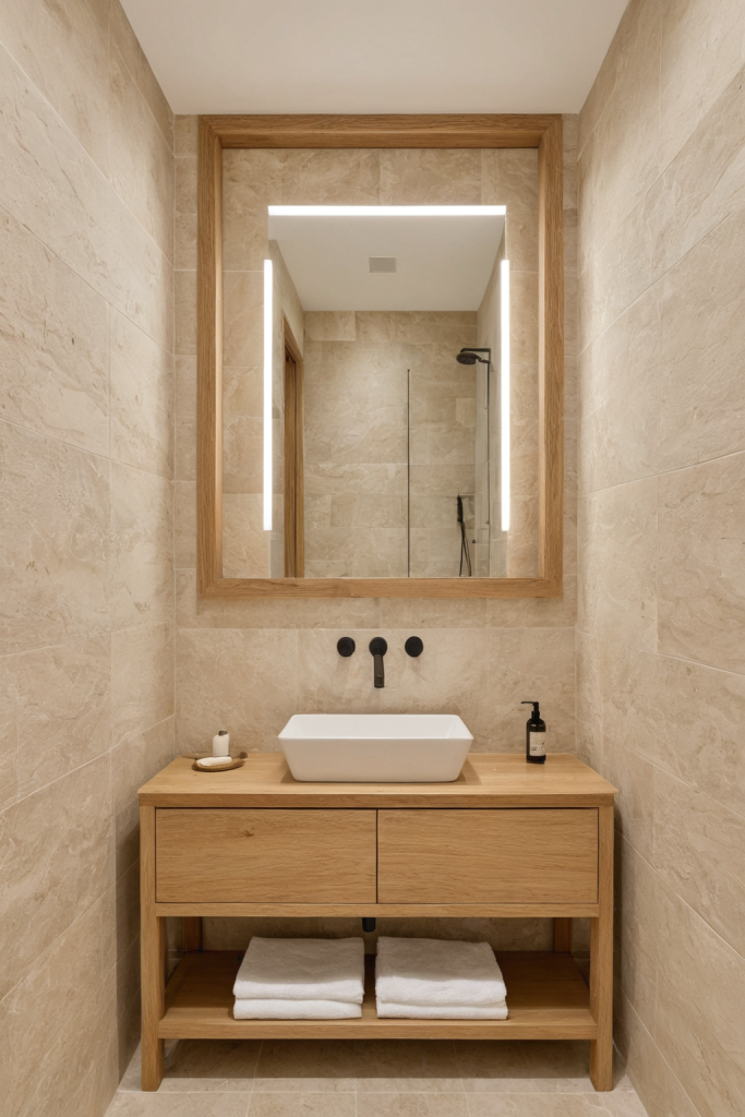 Bathroom Ideas — Warm Organic Wood, Grey Accents & Soft Lighting