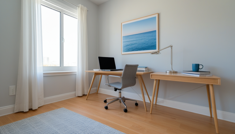 Minimalist Scandinavian Home Office | Light Blue & Oak Workspace Inspo