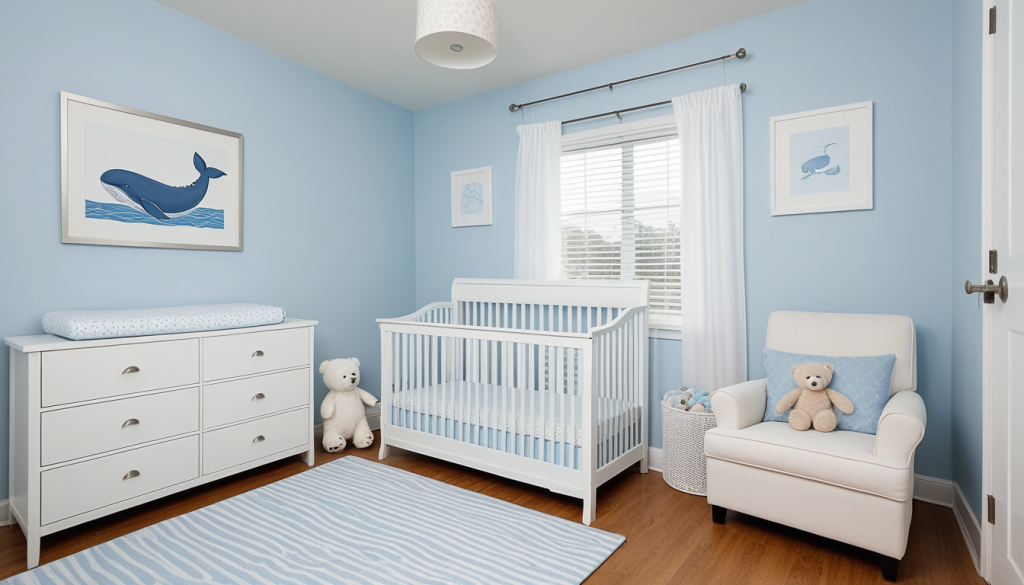 Serene Light Blue Nursery Design | Modern White Baby Crib Ideas