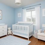 Serene Light Blue Nursery Design | Modern White Baby Crib Ideas