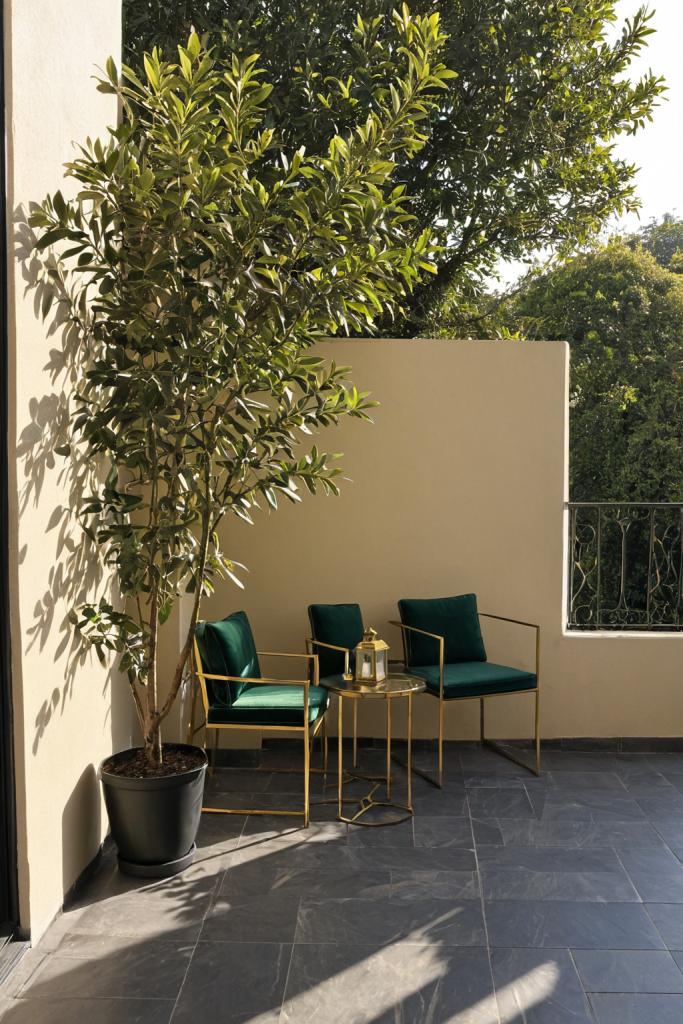 Neo Deco Balcony Ideas — Dark Luxe, Moody Vibe
