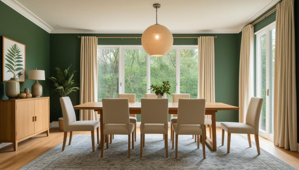Forest Green Dining Room: Warm Amber and Wood Elegance