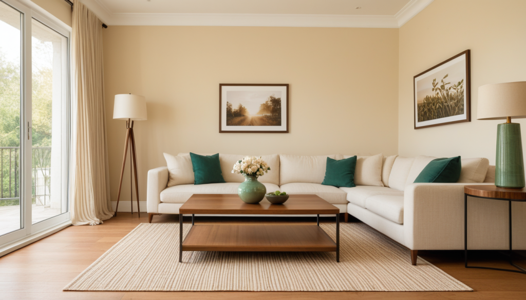 Jade Green Living Room: Warm Amber and Wood Hues