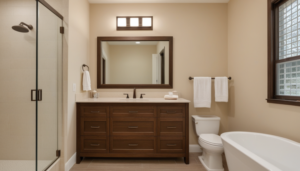 Warm Amber Bathroom: Cozy Haven with Dusty Rose Accents