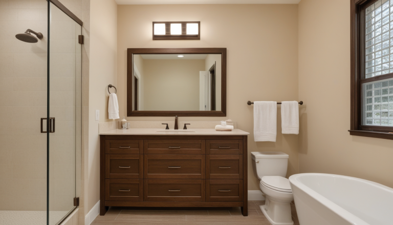 Warm Amber Bathroom: Cozy Haven with Dusty Rose Accents
