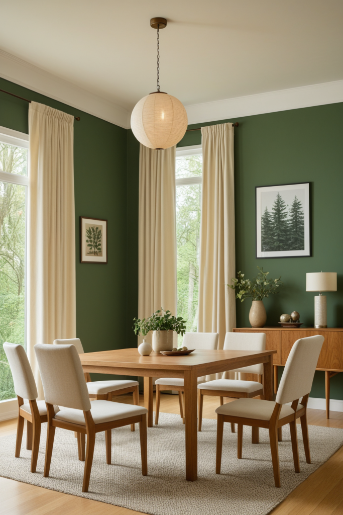 Forest Green Dining Room: Warm Amber and Wood Elegance — interior inspiration