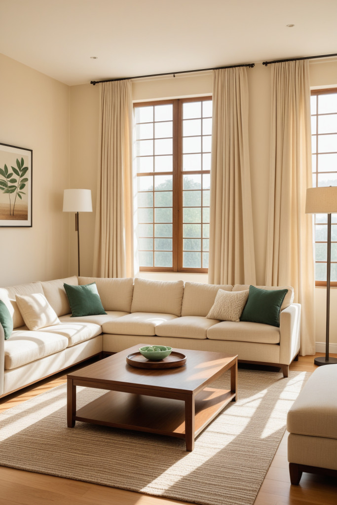 Jade Green Living Room: Warm Amber and Wood Hues — interior inspiration