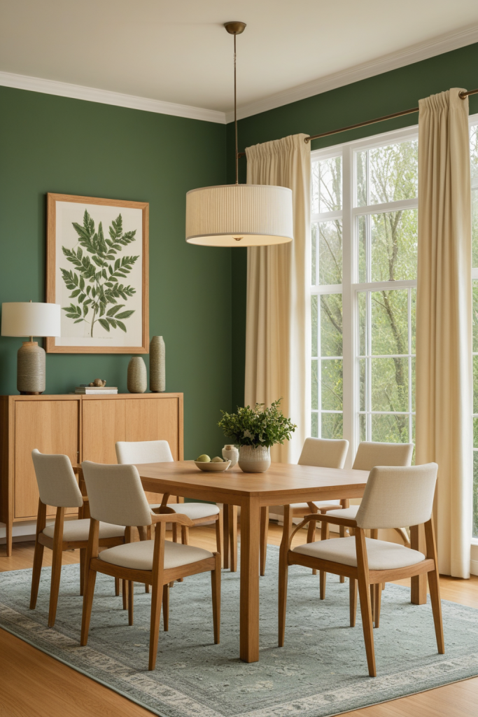 Forest Green Dining Room: Warm Amber and Wood Elegance
