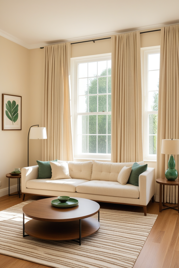 Jade Green Living Room: Warm Amber and Wood Hues