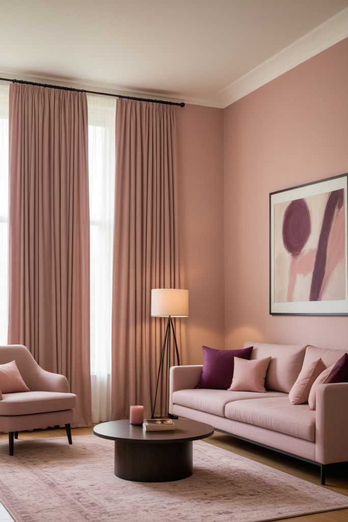 Cozy Plum Accent Living Room: Blush-Toned Haven