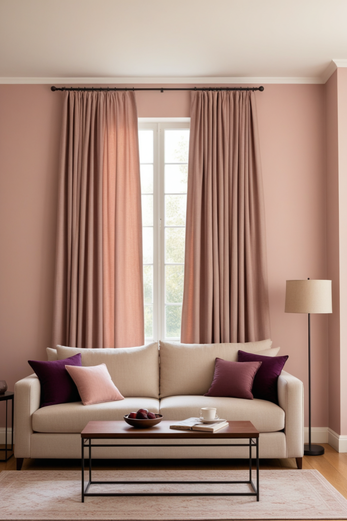 Plum Accent Living Room: Blush and Oat Linen Harmony